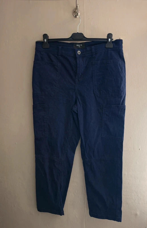 Tu Navy Blue High-Waisted Cropped Cargo Slim Leg Trousers Size 14