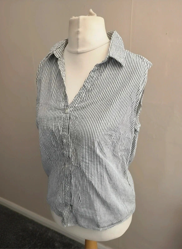 Bonmarché Blue & White Striped Sleeveless Glitter Shirt Top Size 14