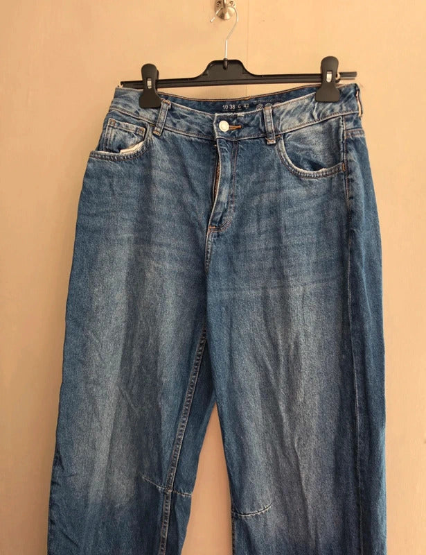 Primark Blue High-Waisted Frayed Hem Straight Leg Jeans Size 10