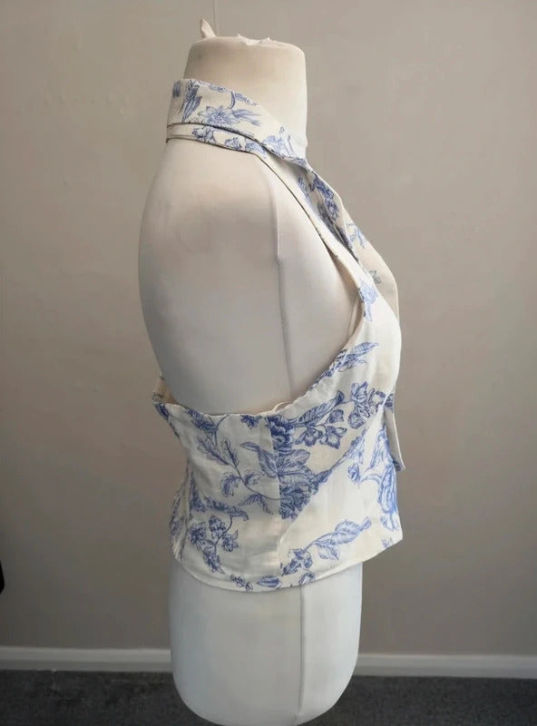Mango Blue & White Floral Halterneck Collared Top NWT M Size 10