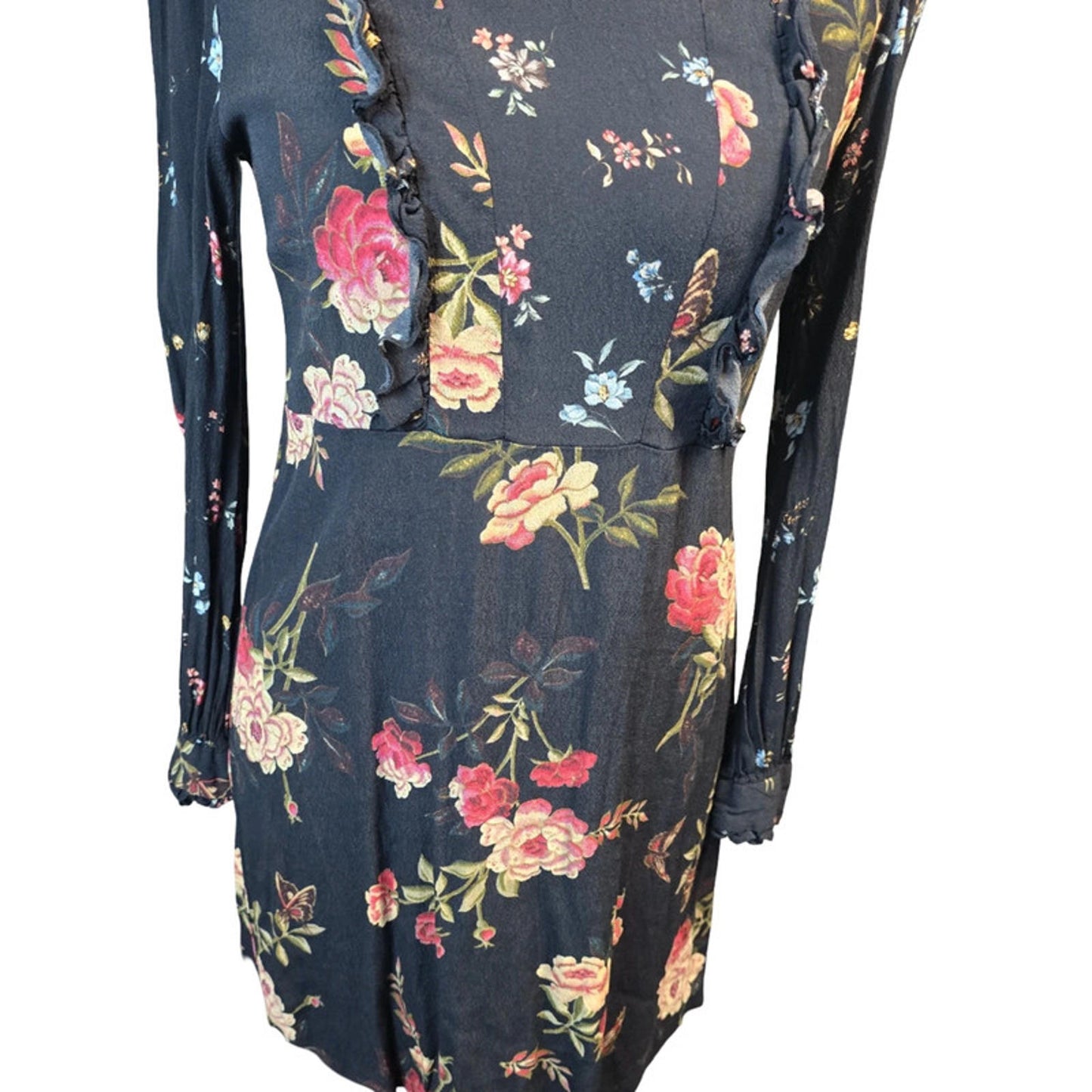 Zara Black Floral Mini Dress  L UK Size 12 Long Sleeve Lace Back Frill Detail