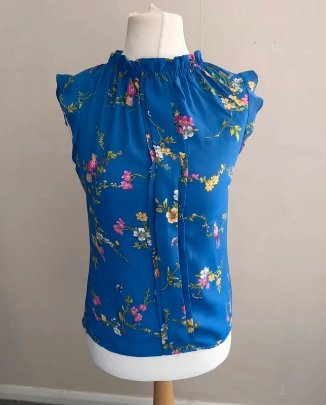 Oasis Women's Blue Floral Sleeveless Pleated Blouse Size 8
