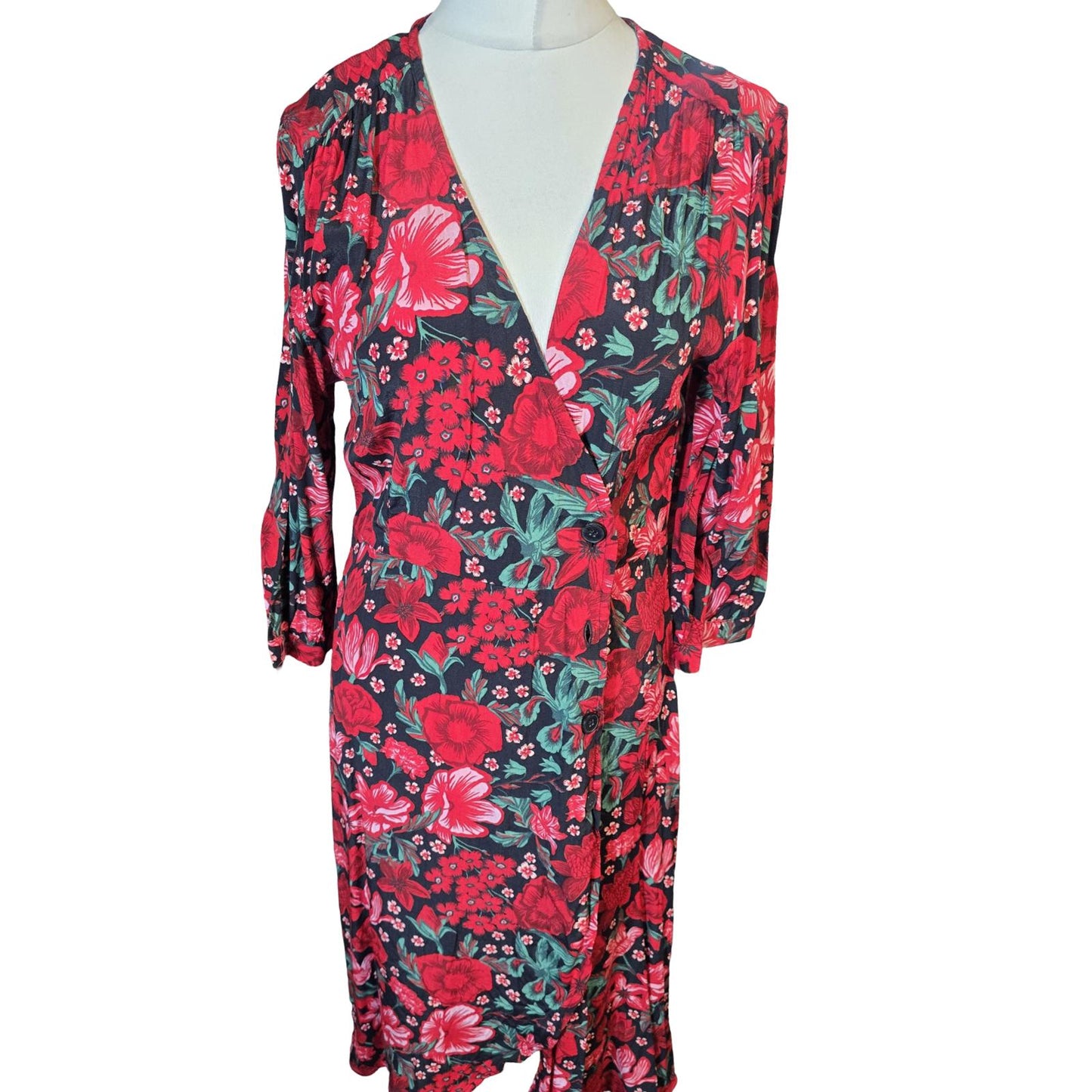 Monki Red Floral Wrap Style Dress – 3/4 Sleeve, Knee to Midi Length – UK size 10