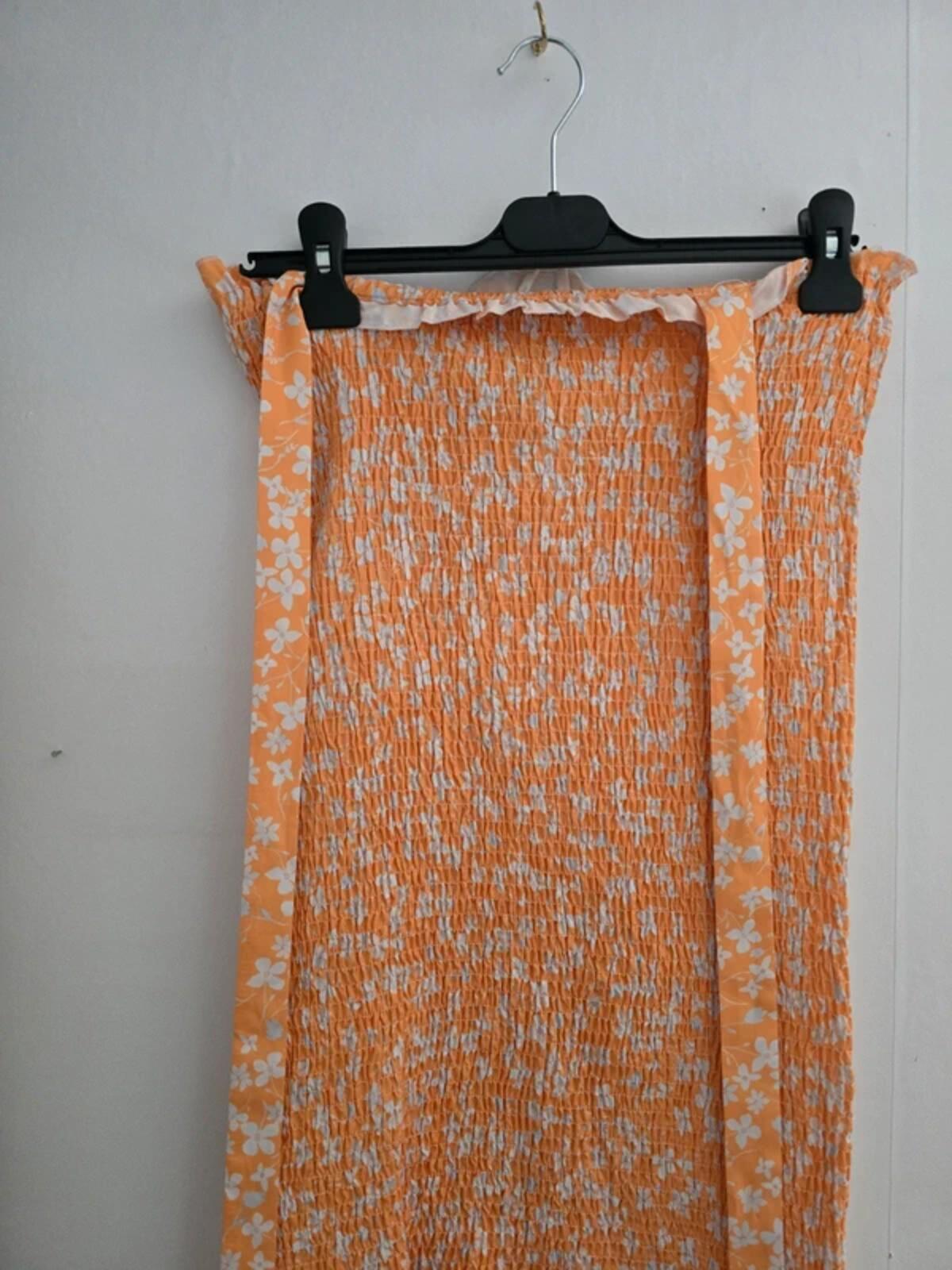 Orange White Floral Shirred Mini Dress Size 8 Small Bodycon Tie Straps