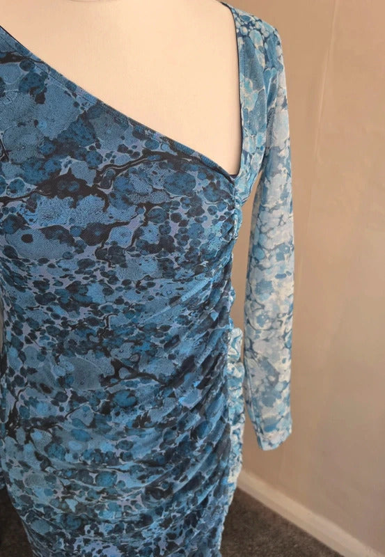 Warehouse Petite Light & Dark Blue Mesh Ruched Bodycon Midi Dress Size 14 Petite