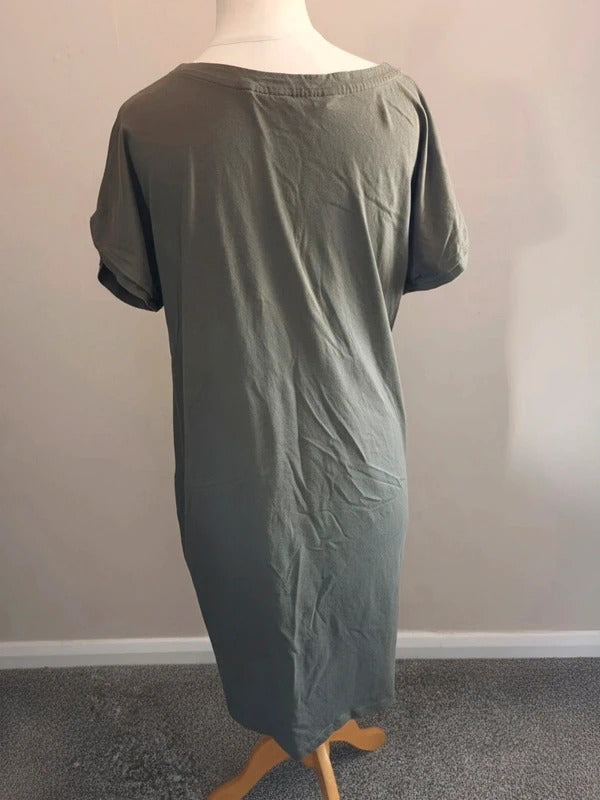 Next Khaki Green Short-Sleeved Casual Knee-Length T-Shirt Dress Size 16