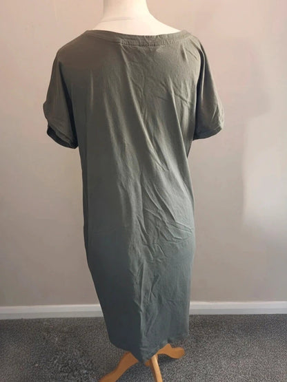 Next Khaki Green Short-Sleeved Casual Knee-Length T-Shirt Dress Size 16