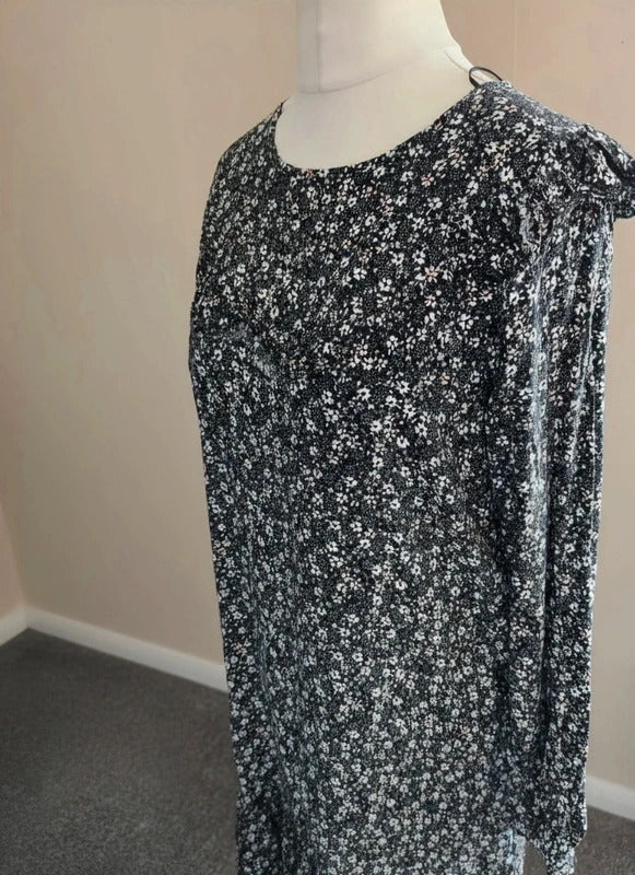 Matalan Women's Black, White & Pink Floral Long-Sleeve Frill Midi Dress Size 12