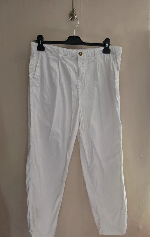 F&F White High Waisted Cropped Cotton Blend Trousers Size 14 Regular