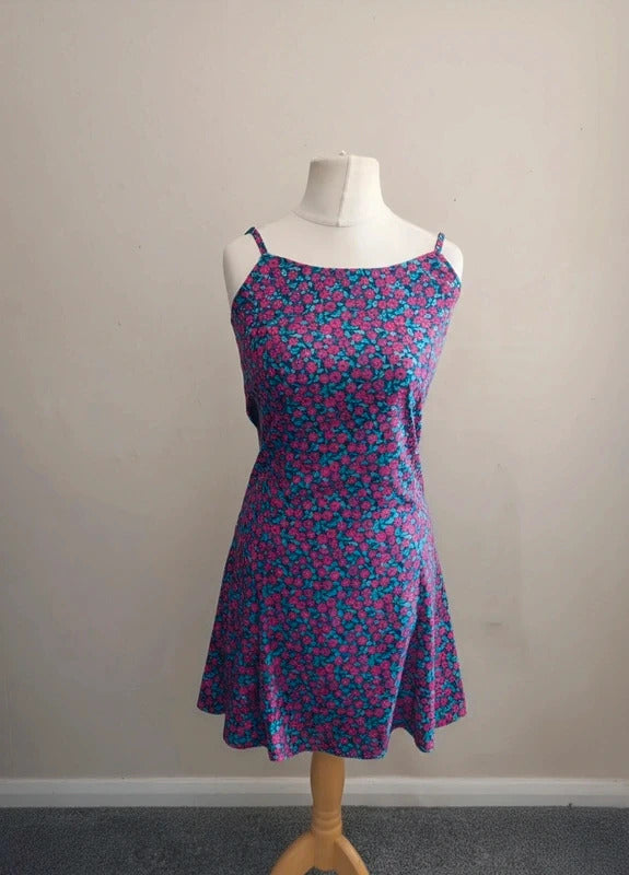 Ribbon Red, Blue & Green Floral Open Tie-Back Mini Dress Size 10