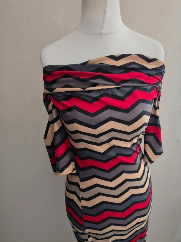 Louche Grey Red and Beige Zigzag Bodycon Maxi Dress Size 10