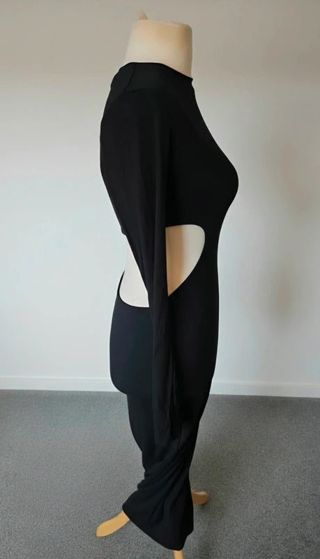 AFRM Black Ribbed Bodycon Midi Dress Long Sleeve Cut Out Size S UK 8–10