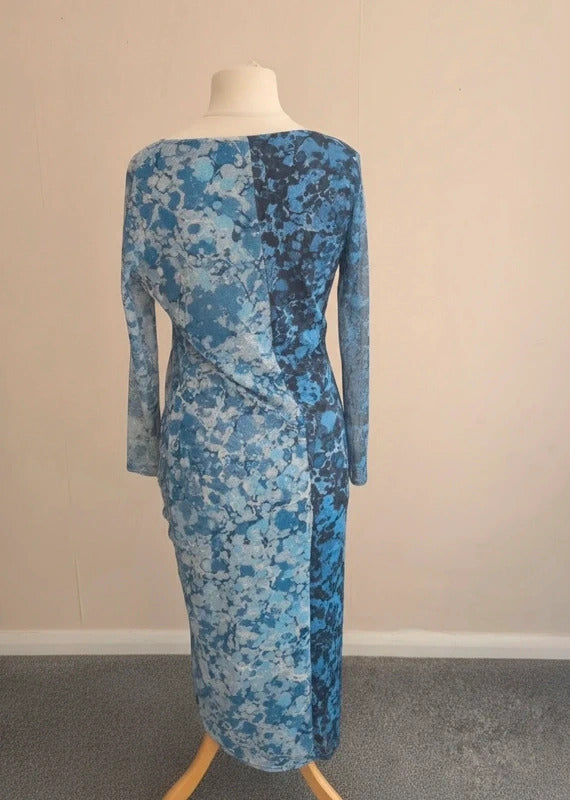 Warehouse Petite Light & Dark Blue Mesh Ruched Bodycon Midi Dress Size 14 Petite