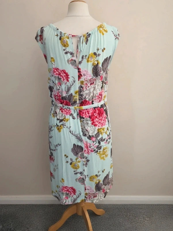 Joules Turquoise Floral Sleeveless Knee Length Drawstring Dress Size 14