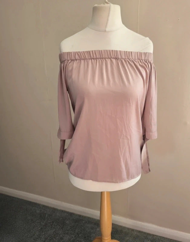 H&M Beige Silky Off-The-Shoulder Bardot Top Size 8 (EUR 36)

