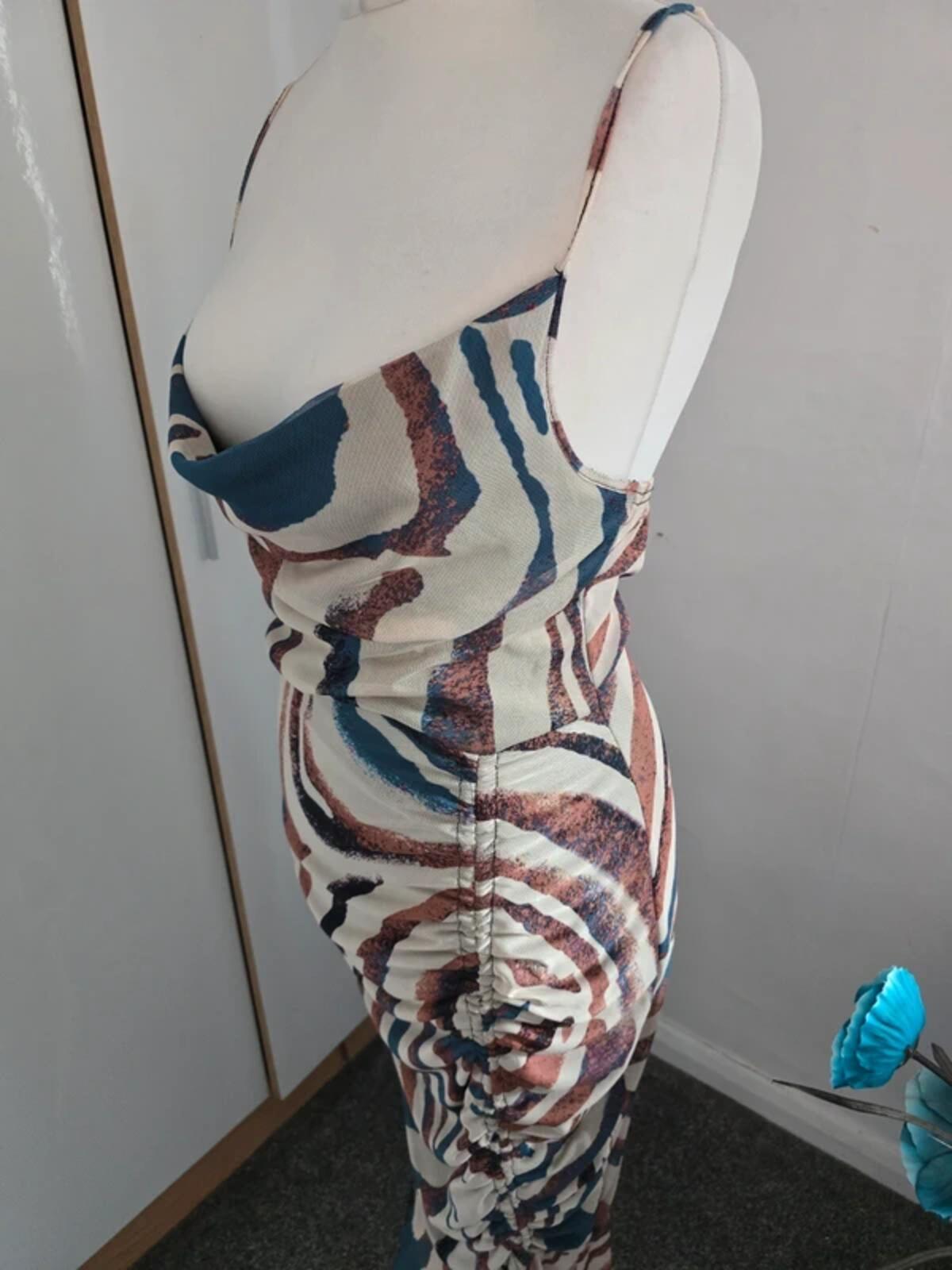 PrettyLittleThing Cream, Brown & Blue Patterned Midi Dress Size 12