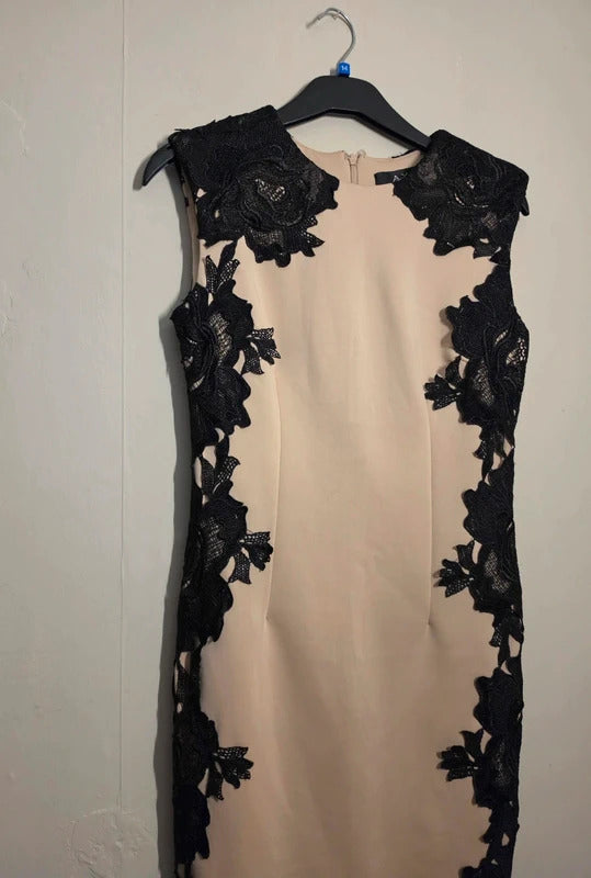 AX Paris Beige & Black Floral Lace Bodycon Midi Dress – Size 8
