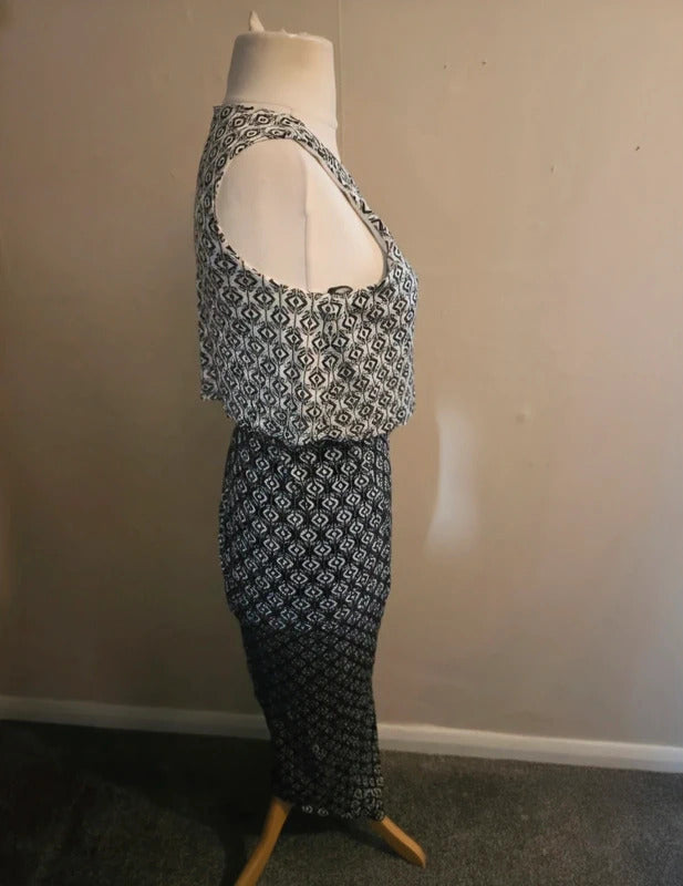 Miss Selfridge Black & White Patterned Layered Top Bodycon Maxi Dress Size 12