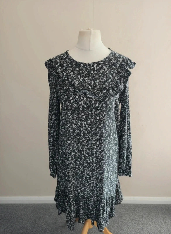 Matalan Women's Black, White & Pink Floral Long-Sleeve Frill Midi Dress Size 12