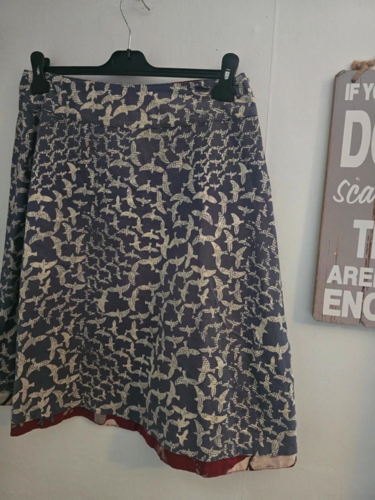 White Stuff Reversible Knee Length Skirt 10 Blue Bird Print Burgundy Floral