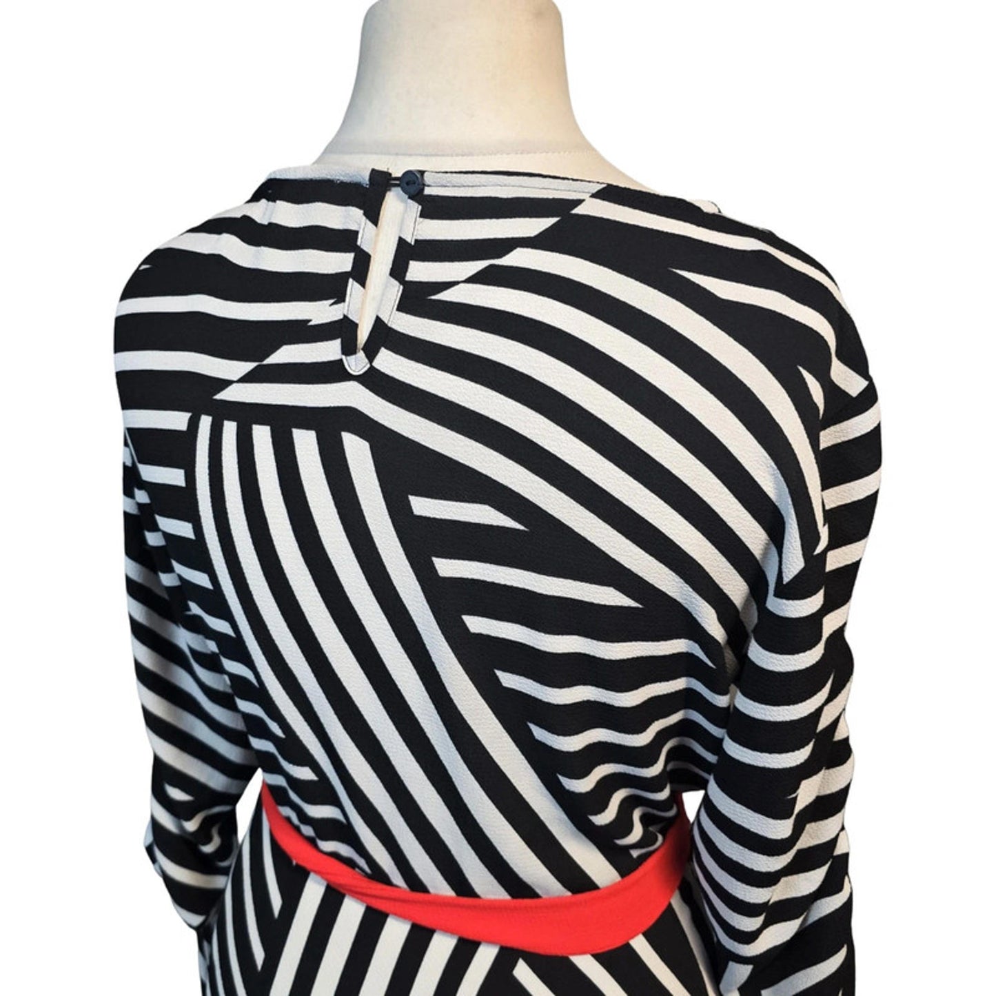 Studio by Preen Stripe Midi Dress Black White Size 12 Ruched Detail & Red Belt
