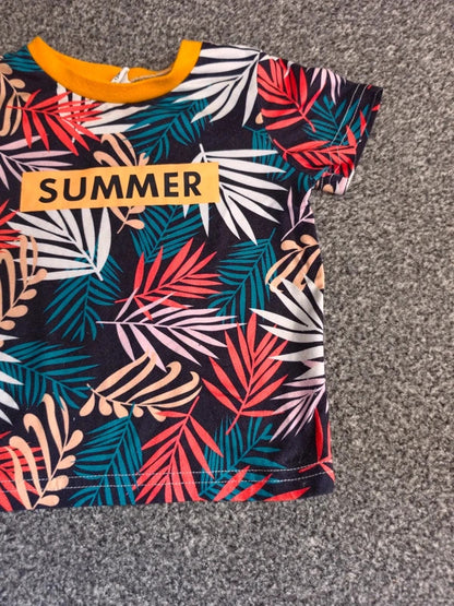 Shein Baby Boys Multicoloured Tropical Palm Leaf "Summer" T-Shirt 9-12 Months