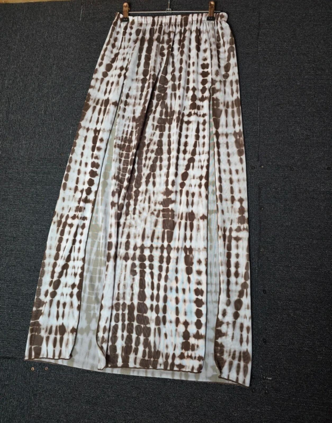 White & brown patterned midi sheer skirt with front slits small 8-10