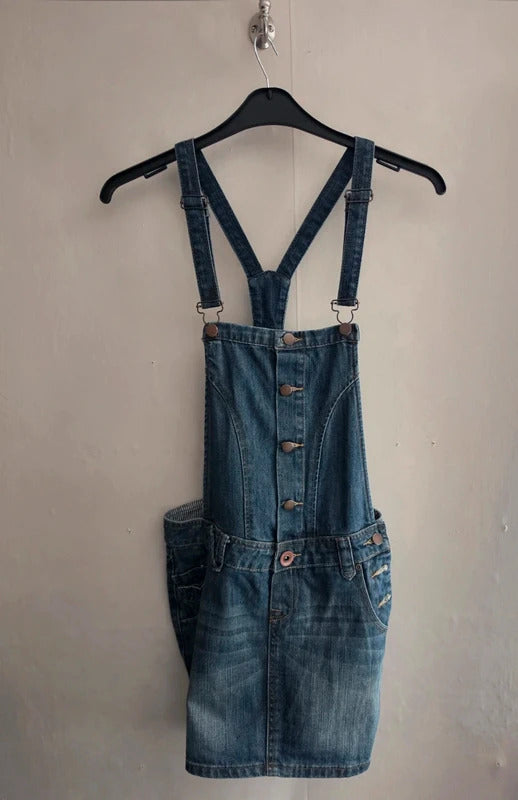 Vintage Y2K Next Blue Denim Cross Back Mini Pinafore Dress Size 8 Fits 6-8