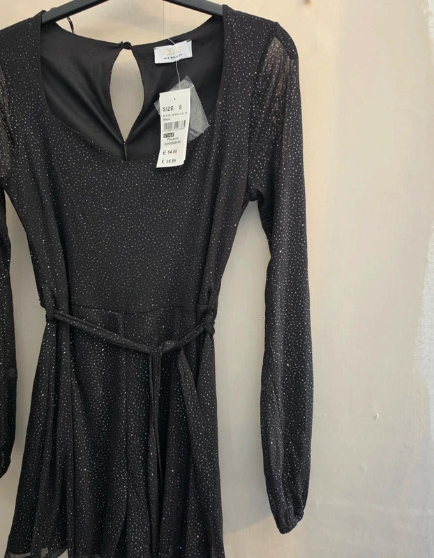 Quiz Black & Silver Sparkle Long-Sleeved Flared Playsuit Size 8 New