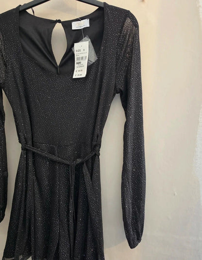 Quiz Black & Silver Sparkle Long-Sleeved Flared Playsuit Size 8 New