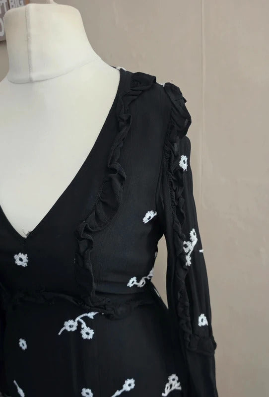 River Island Black & White Floral Frill Sheer Detail Midi Dress Size 8