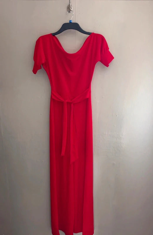 PrettyLittleThing Red Belted Short-Sleeved Flared Jumpsuit Size 10