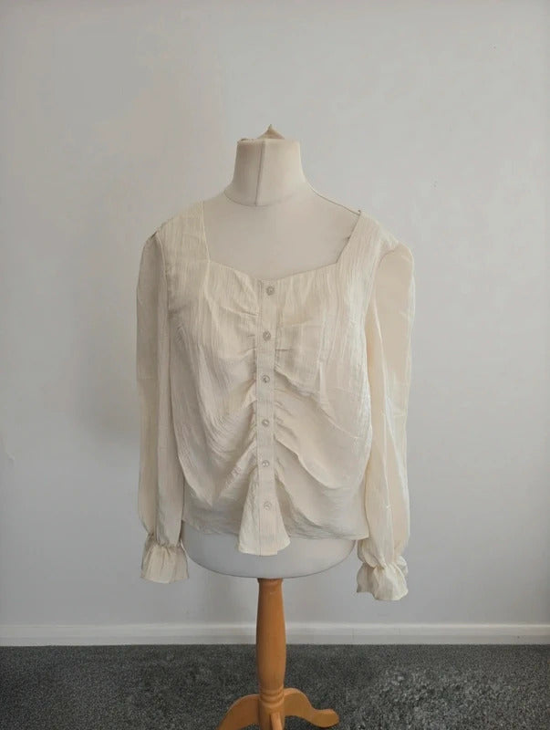 Aware White Ruched Front Blouse  XL Size 16-18 Long Sleeve Frill Cuff Top NWT