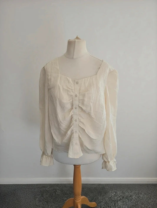 Aware White Ruched Front Blouse  XL Size 16-18 Long Sleeve Frill Cuff Top NWT
