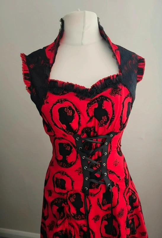 Jawbreaker Red & Black Gothic Cameo Print Corset Midi Dress – S Size  8–10