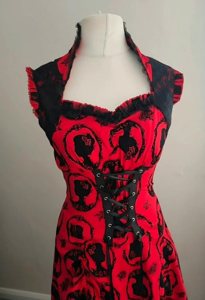 Jawbreaker Red & Black Gothic Cameo Print Corset Midi Dress – S Size  8–10