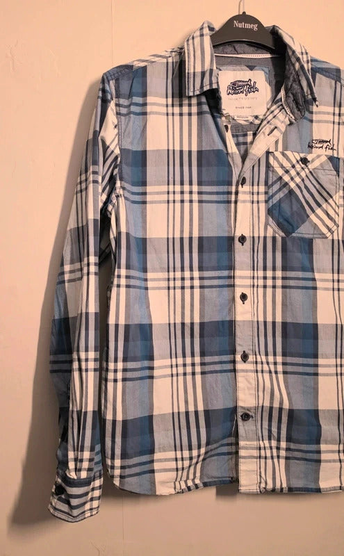 Men's Weird Fish Blue & White Checked Long Sleeve Shirt Size M