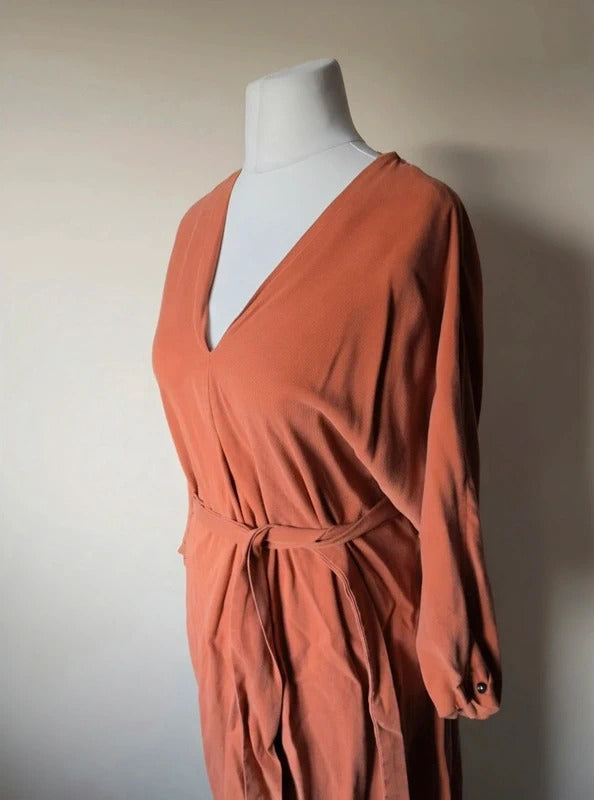 Mango Burnt Orange Belted Midi Oversized Dress – Relaxed Fit L Size 12