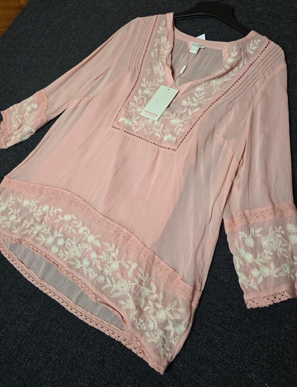 Monsoon pink & white blouse embroidered size 12 nwt