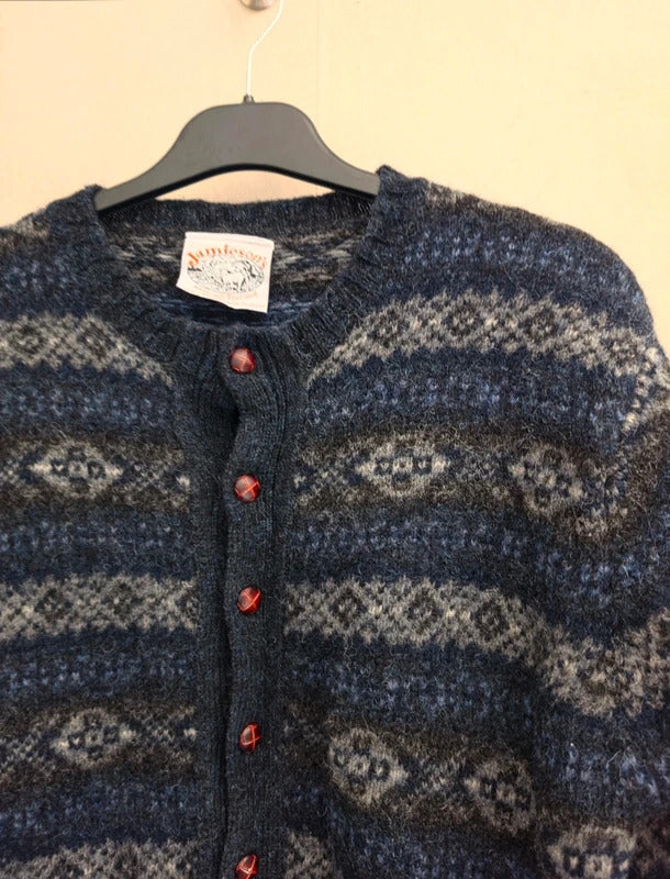 Vintage Jamieson's Shetland Navy & Grey Fair Isle Wool Cardigan (80s/90s)