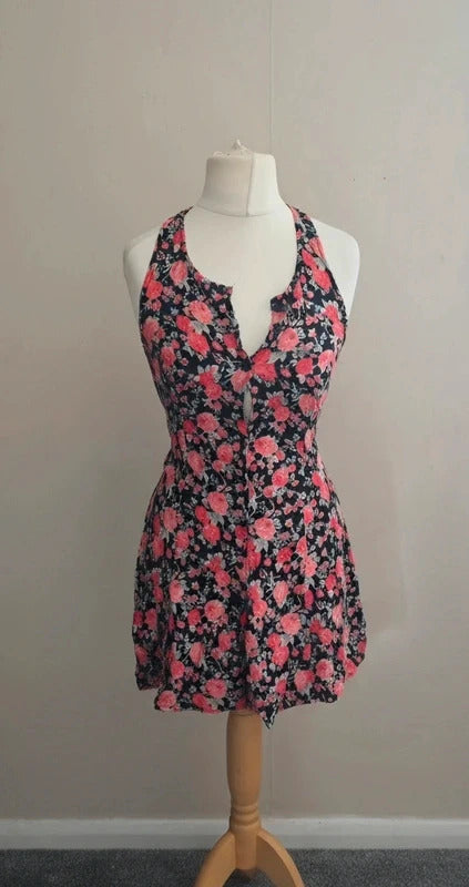 Topshop Black & Pink Floral Mini Dress / Tunic Top Tie Back Size 10 Better Fit Size 8