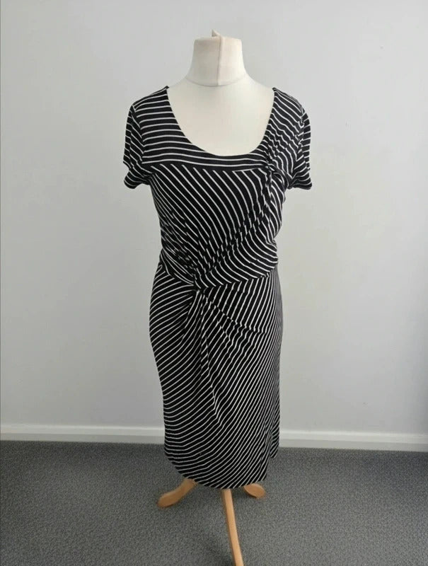 Laura Ashley Women's Black & Beige Striped Ruched Knot Front Midi Dress Size 14