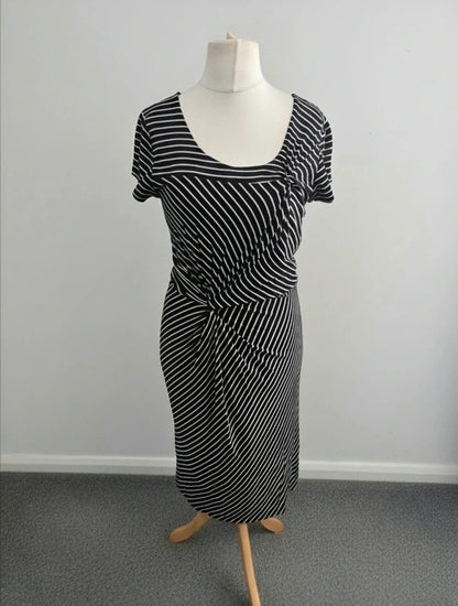 Laura Ashley Women's Black & Beige Striped Ruched Knot Front Midi Dress Size 14