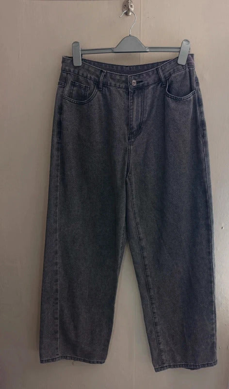 ROMWE Grey High Waisted Flared Jeans Spider Design – Size L (UK Size 12–14)