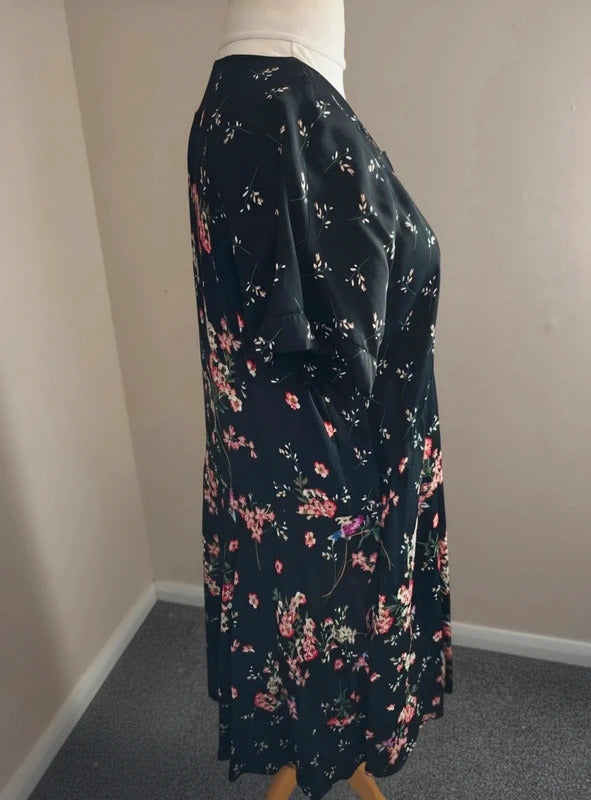 Phase Eight Black Floral Dress – UK Size 16 – Short Sleeves Pockets Smart Casual