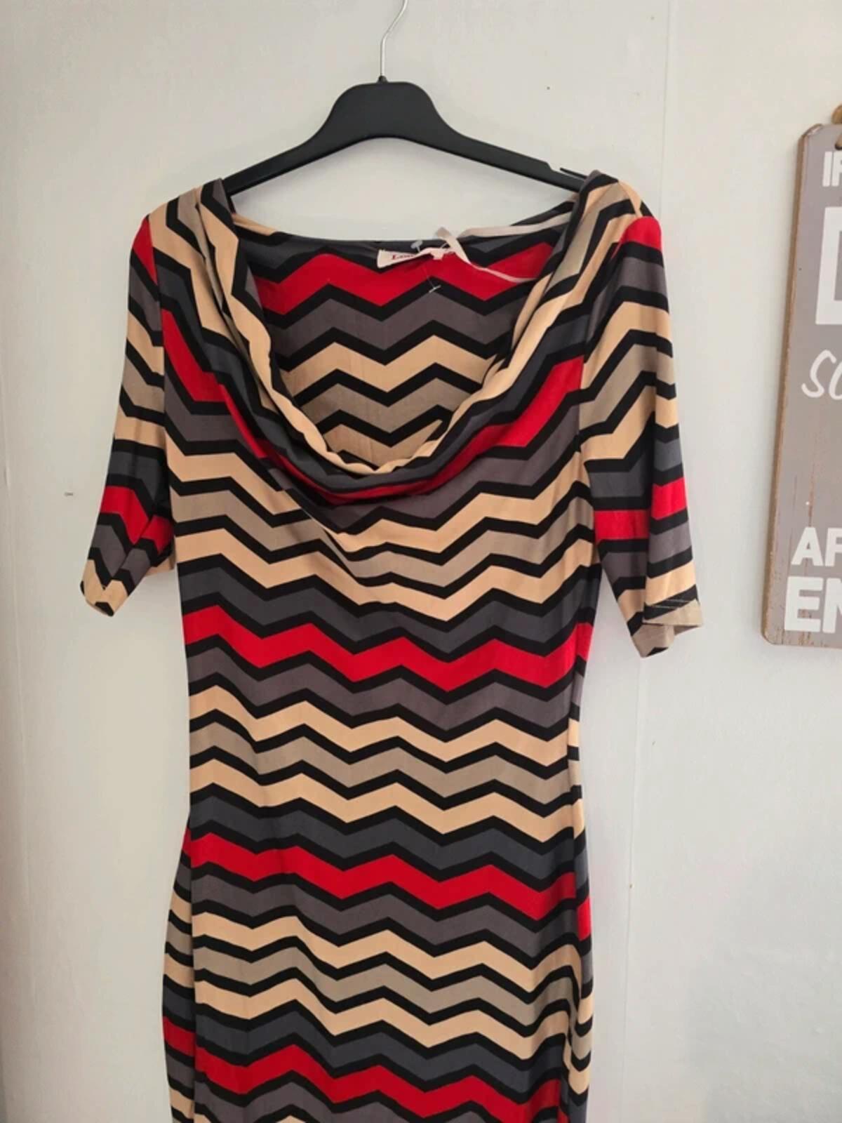 Louche Grey Red and Beige Zigzag Bodycon Maxi Dress Size 10