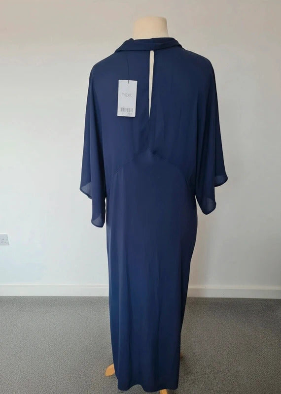 Next Navy Blue Maxi Dress Size 20 Cowl Neck Flared Sleeve Sheer Panel Dress NWT