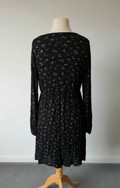 Yours Black & Pink Floral Long Sleeve Midi Dress – Size 18