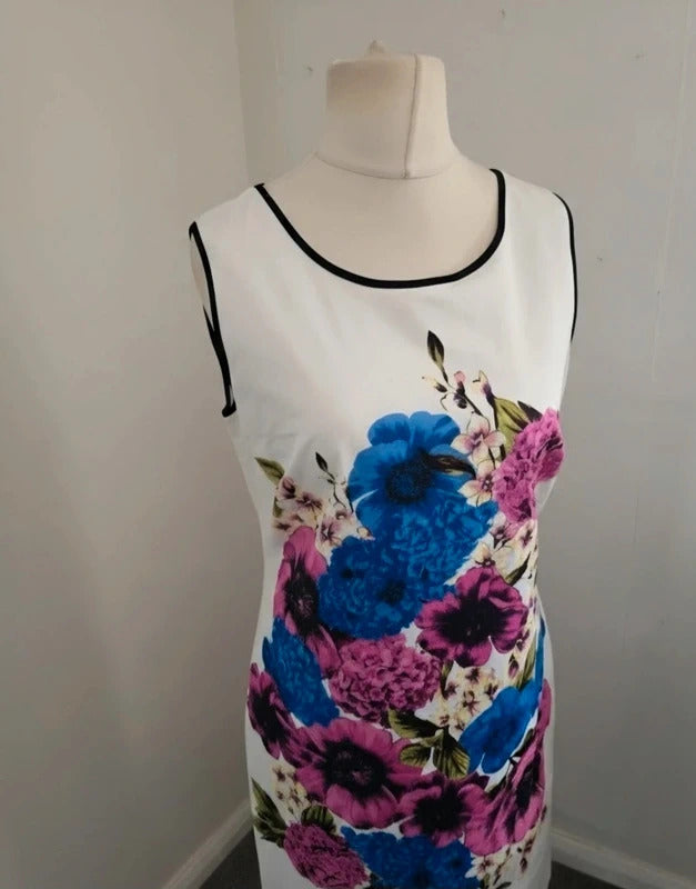 Debenhams Floral A-Line Dress Size 14 White Cotton Knee Midi Sleeveless