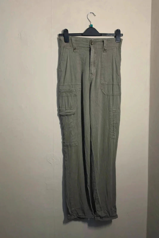 H&M Khaki Green High Waisted Cargo Trousers Slim Leg Size 8